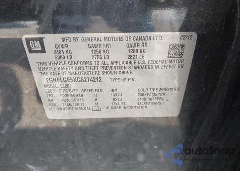 2012 Chevrolet Equinox Ltz z USA, uszkodzony, nr VIN 2GNFLGE5XC6274212